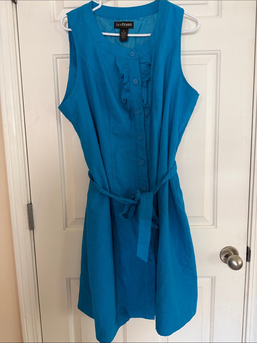 Lane Bryant Sleeveless Linen Blend Sz 22 Blue Dress with Ruffle Front and Tie